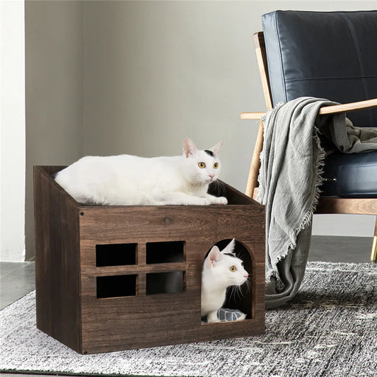Durable Wooden Cat Cave Bed with Cushion