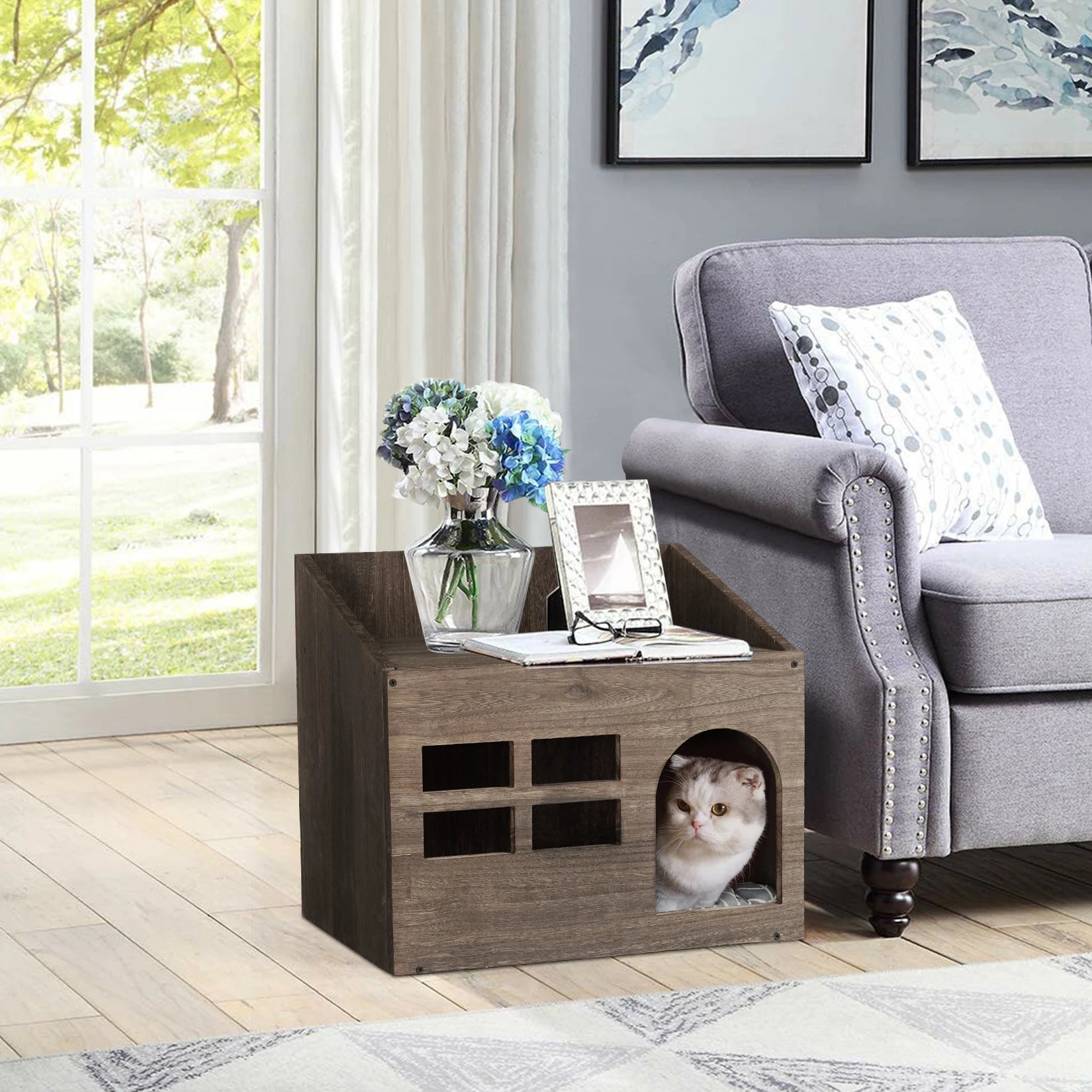 Durable Wooden Cat Cave Bed with Cushion