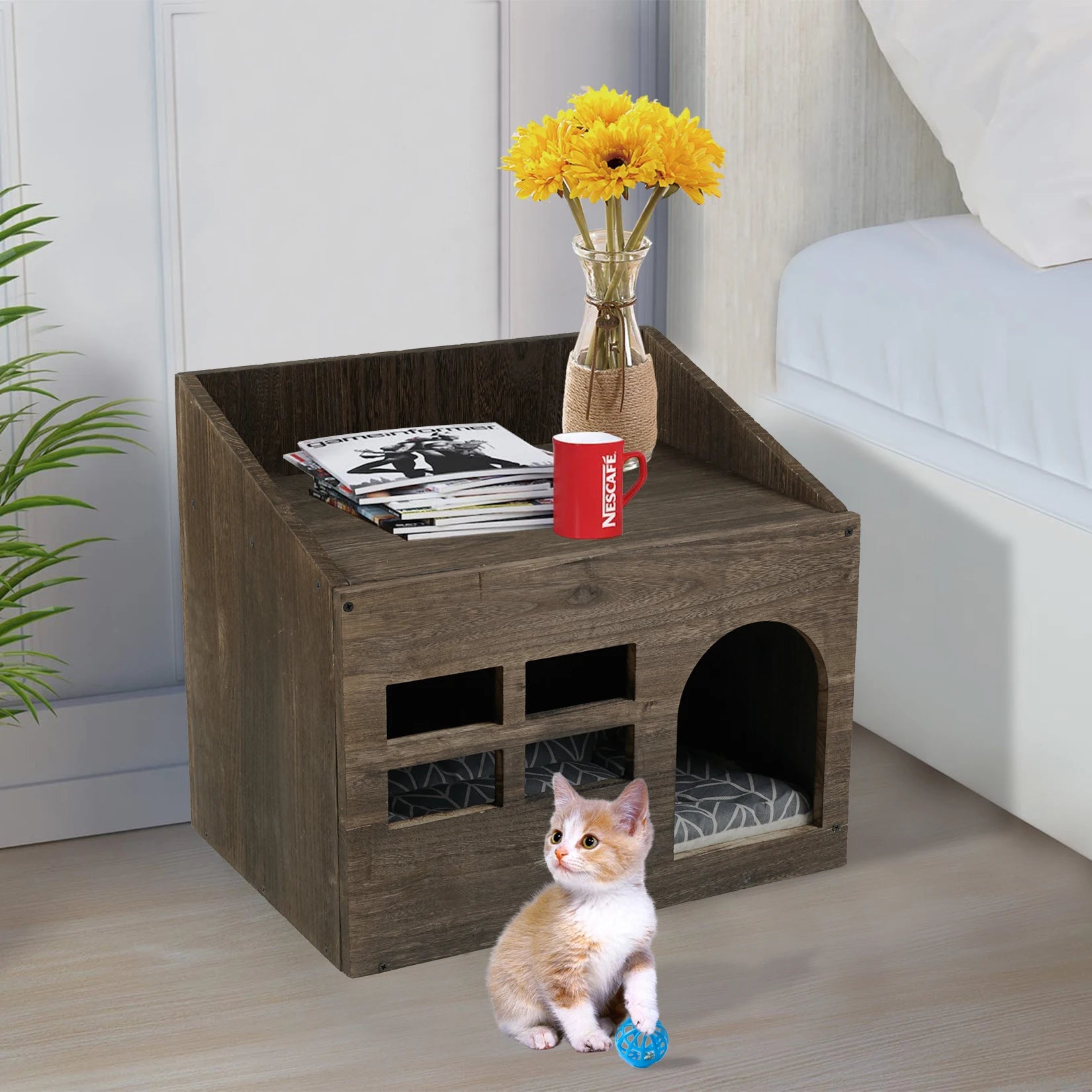 Durable Wooden Cat Cave Bed with Cushion