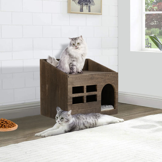 Durable Wooden Cat Cave Bed with Cushion