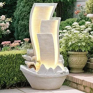 Outdoor Garden Cascading Stone Floor-Standing Waterfall Fountain with LED Lights