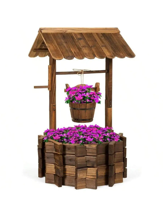 Outdoor Rustic Wooden Wishing Well Planter