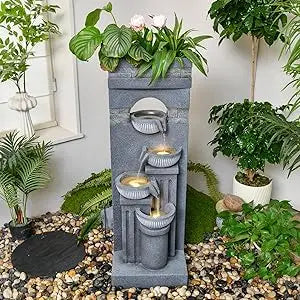 Outdoor Garden Cascading Stone Floor-Standing Waterfall Fountain with LED Lights