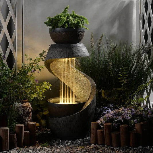 Modern Curved S-Shaped Waterfalls Feature with Bowl Planter Waterscape
