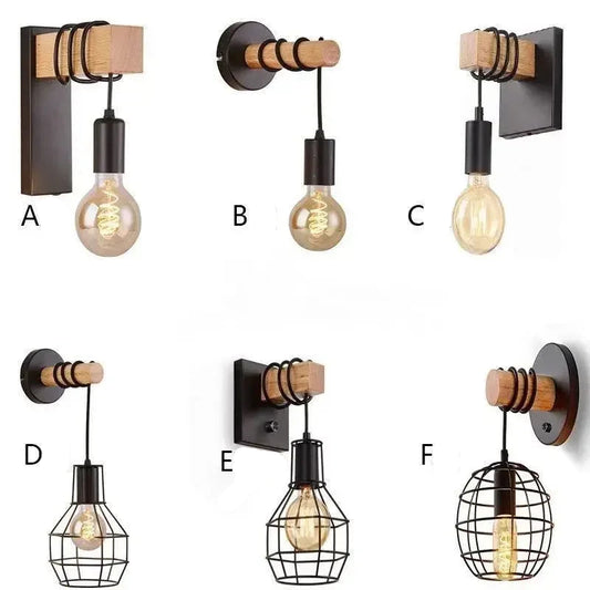 Vintage Style Wood Iron E27 Wall Light