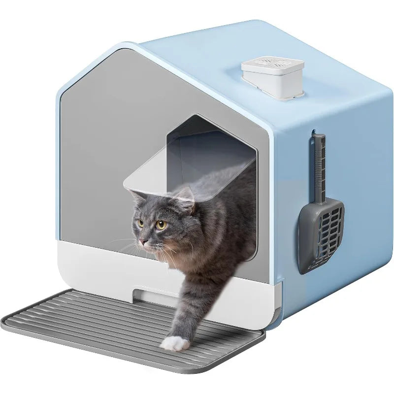 Extra Large Enclosed Cat Litter Box with Mat and Litter Scoop