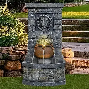 Outdoor Garden Cascading Stone Floor-Standing Waterfall Fountain with LED Lights