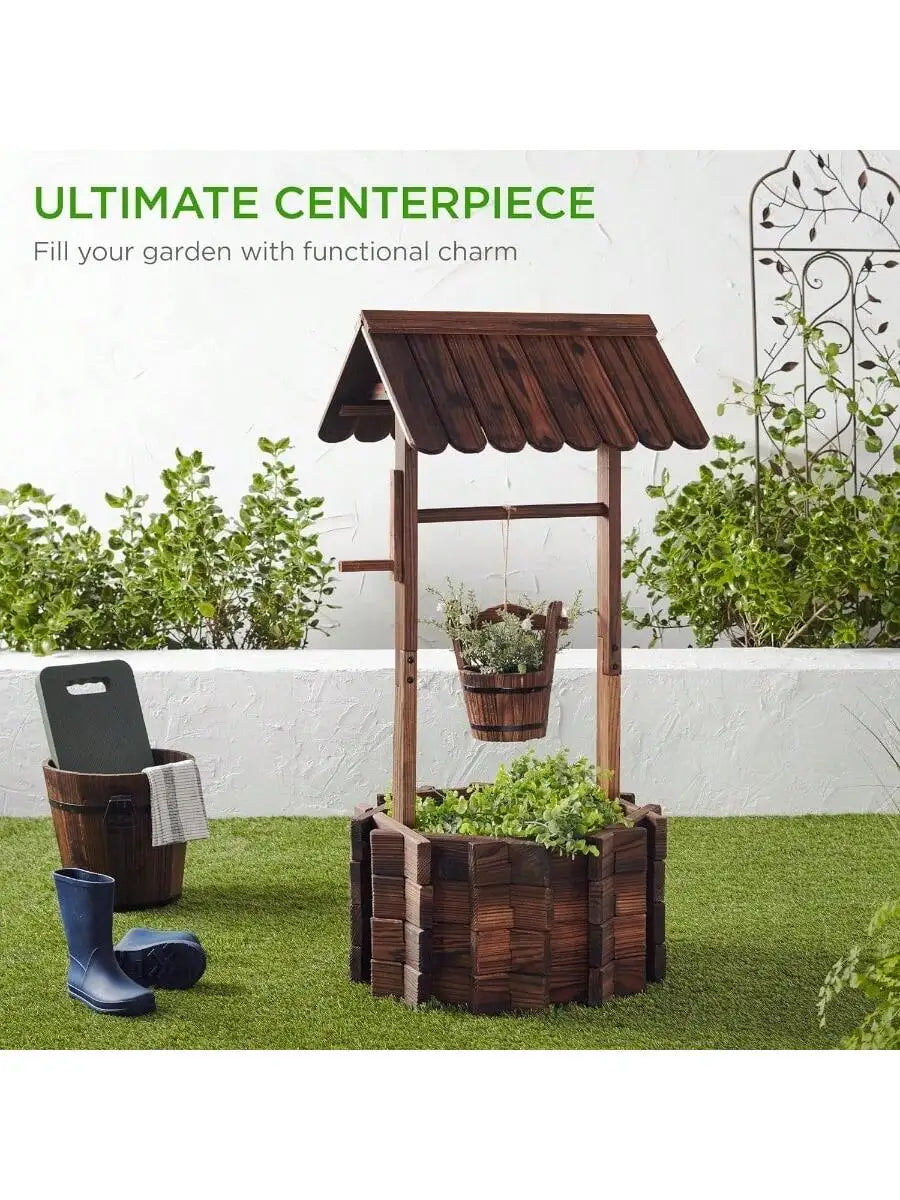 Outdoor Rustic Wooden Wishing Well Planter