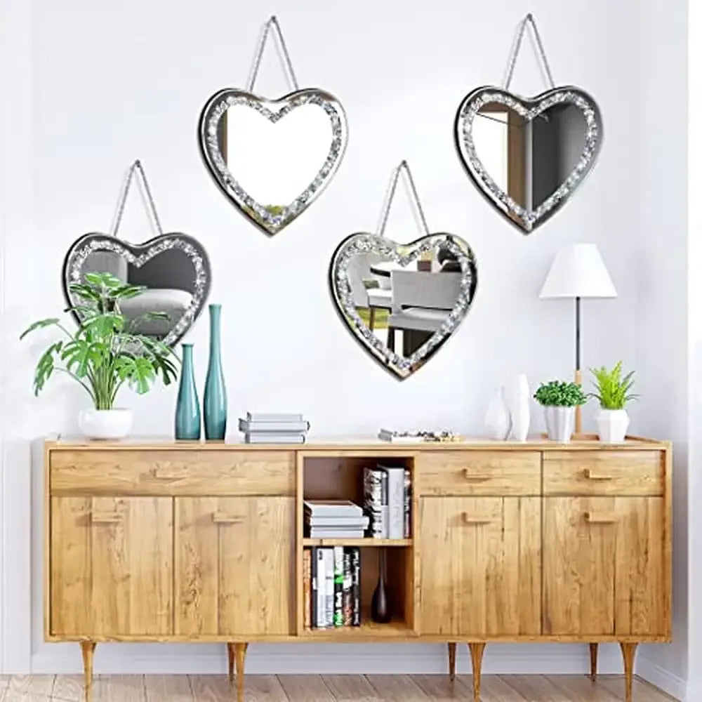 Heart Shaped Crystal Diamond Glass Mirror Wall Decor Set