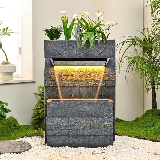 Outdoor Garden Cascading Stone Floor-Standing Waterfall Fountain with LED Lights